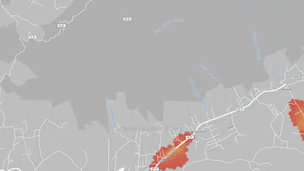 Walk Grade map of Hunter, TN, walkable areas in green and car-dependent areas in red
