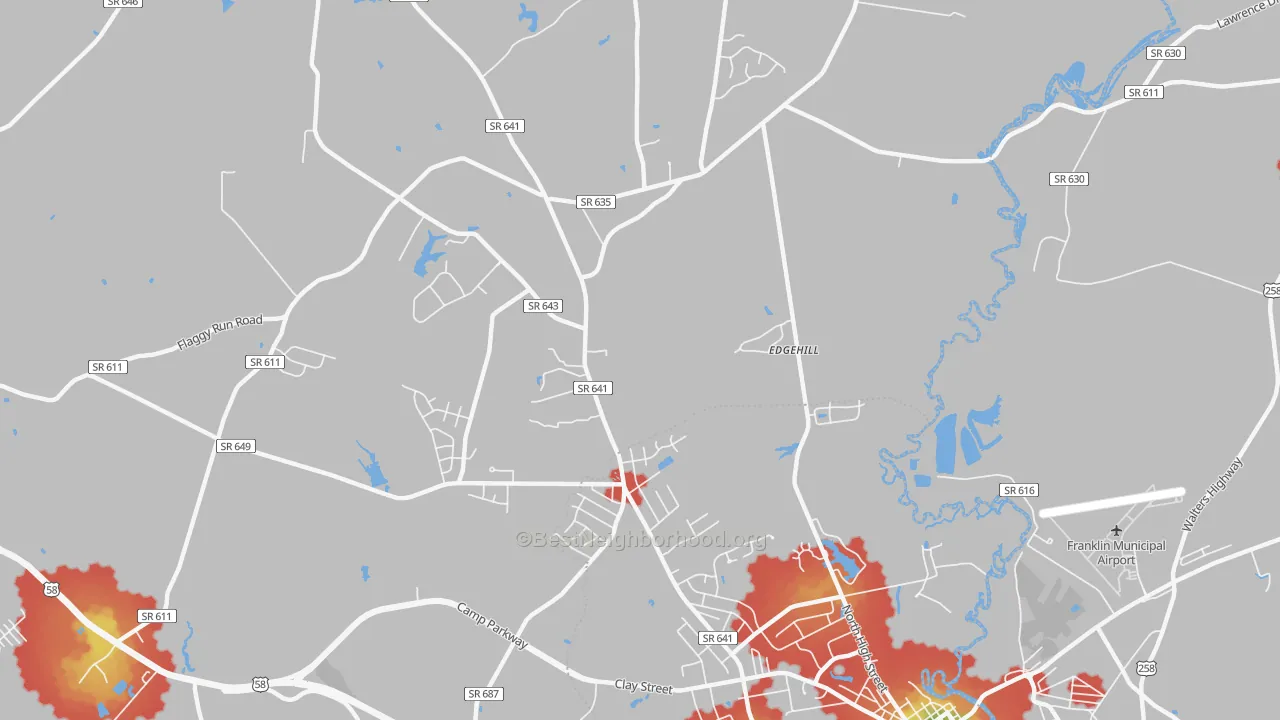 Walk Grade map of Hunterdale, VA, walkable areas in green and car-dependent areas in red