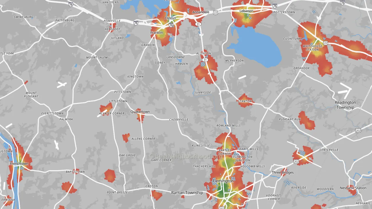 Walk Grade map of Hunterdon County, NJ, walkable areas in green and car-dependent areas in red