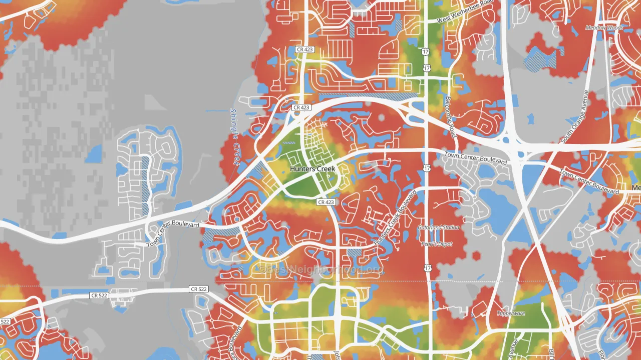 Walk Grade map of Hunters Creek, FL, walkable areas in green and car-dependent areas in red