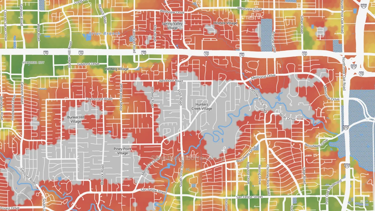 Walk Grade map of Hunters Creek Village, TX, walkable areas in green and car-dependent areas in red