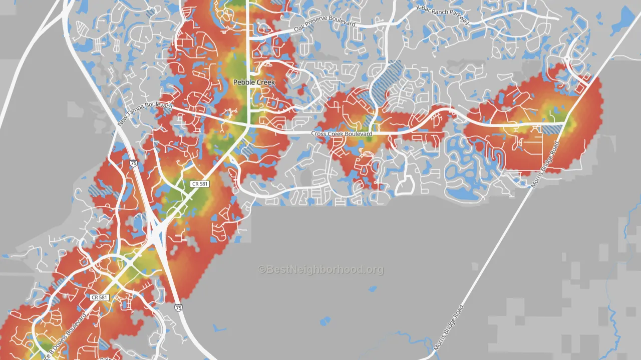 Walk Grade map of Hunters Green, Tampa, FL, walkable areas in green and car-dependent areas in red