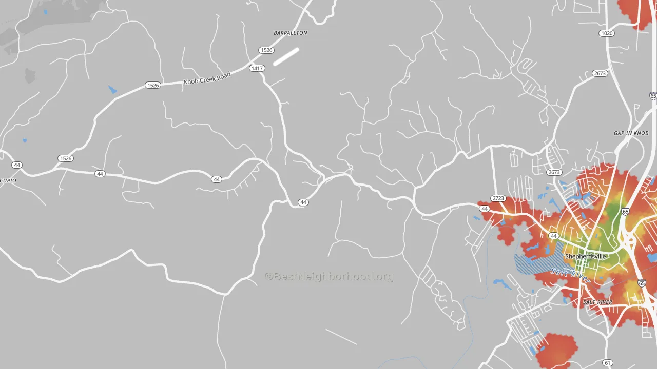 Walk Grade map of Hunters Hlw, KY, walkable areas in green and car-dependent areas in red