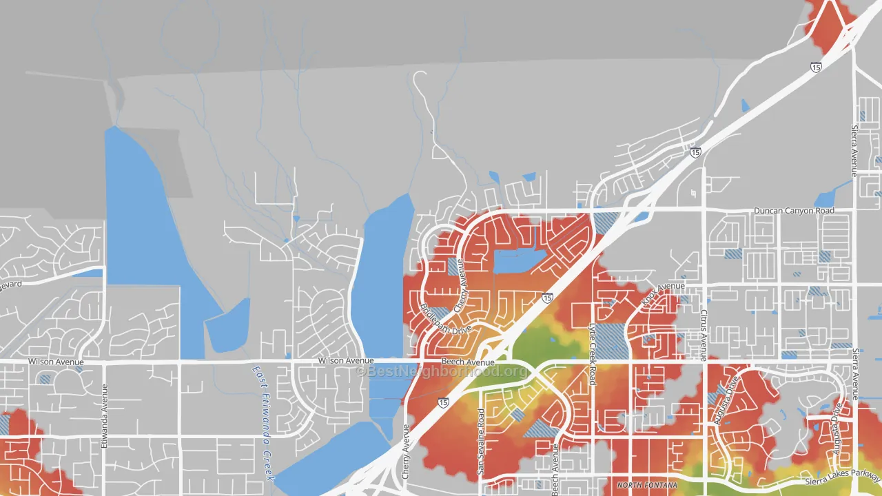 Walk Grade map of Hunter's Ridge, Fontana, CA, walkable areas in green and car-dependent areas in red