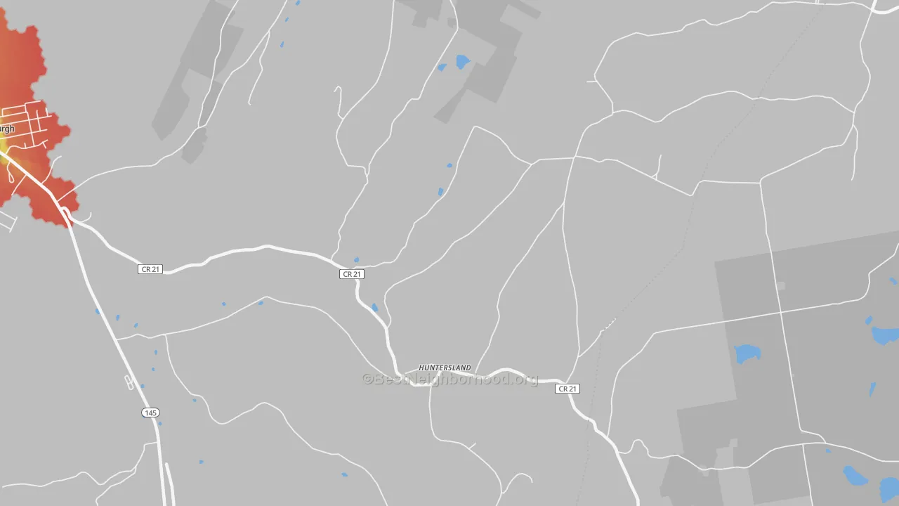Walk Grade map of Huntersland, NY, walkable areas in green and car-dependent areas in red
