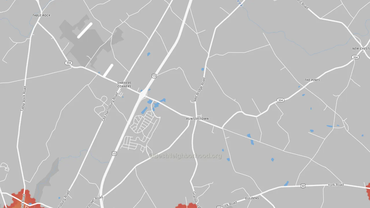Walk Grade map of Hunterstown, PA, walkable areas in green and car-dependent areas in red