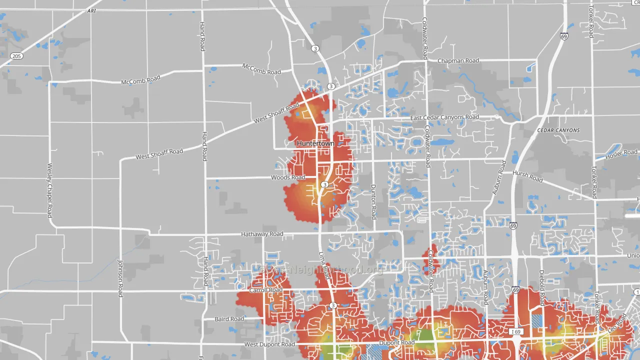 Walk Grade map of Huntertown, IN, walkable areas in green and car-dependent areas in red