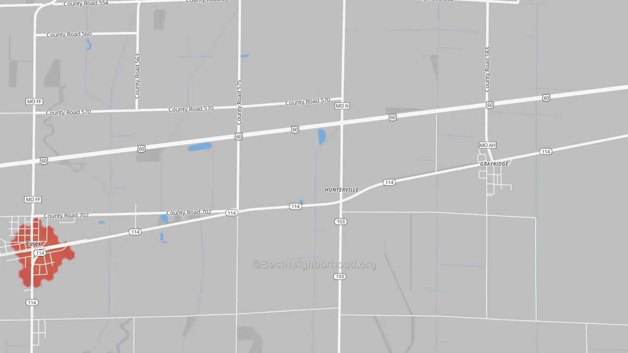 Walk Grade map of Hunterville, MO, walkable areas in green and car-dependent areas in red