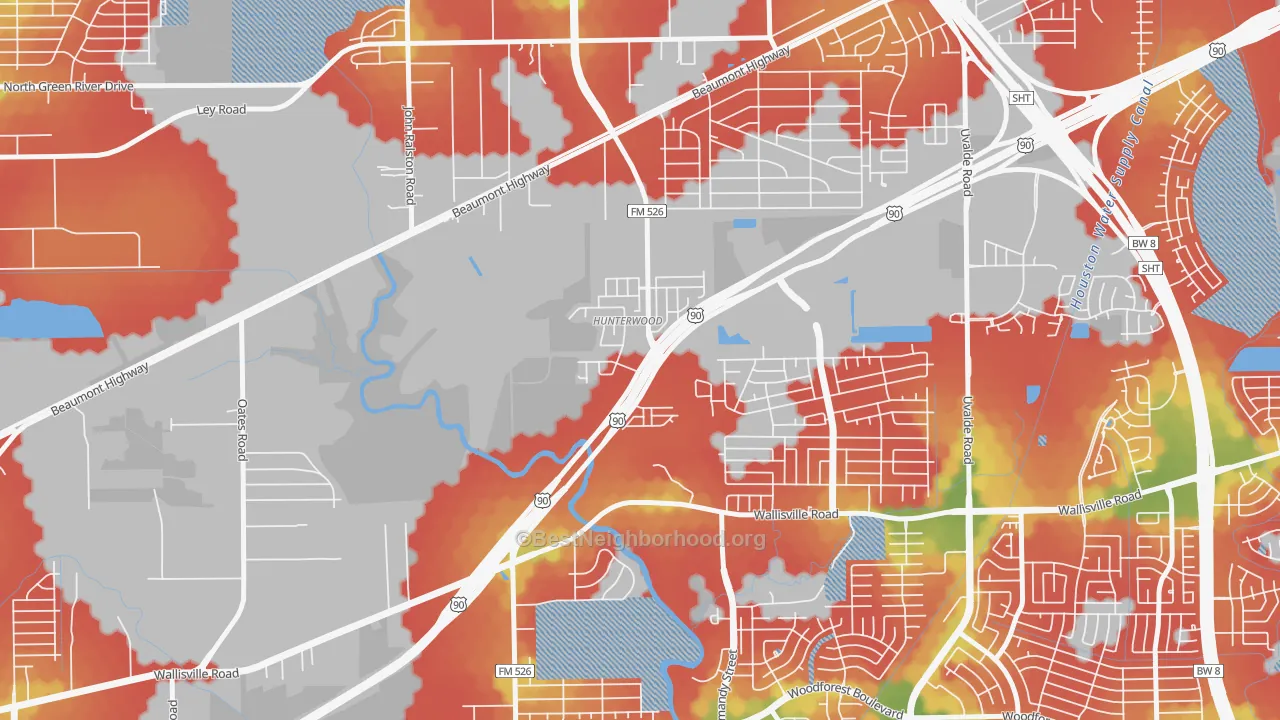 Walk Grade map of Hunterwood, Houston, TX, walkable areas in green and car-dependent areas in red
