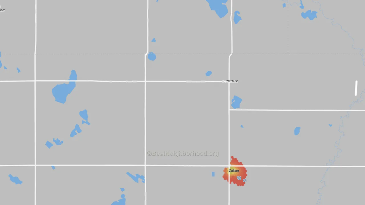 Walk Grade map of Huntimer, SD, walkable areas in green and car-dependent areas in red