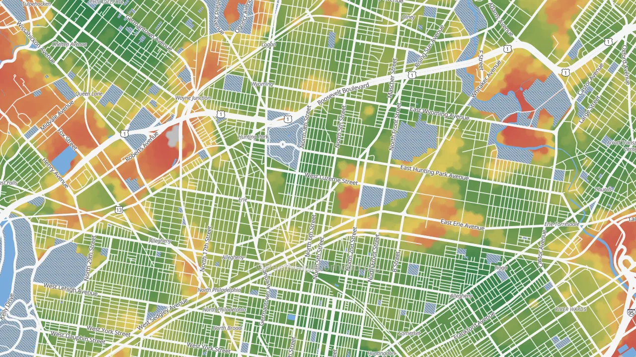 Walk Grade map of Hunting Park, Philadelphia, PA, walkable areas in green and car-dependent areas in red