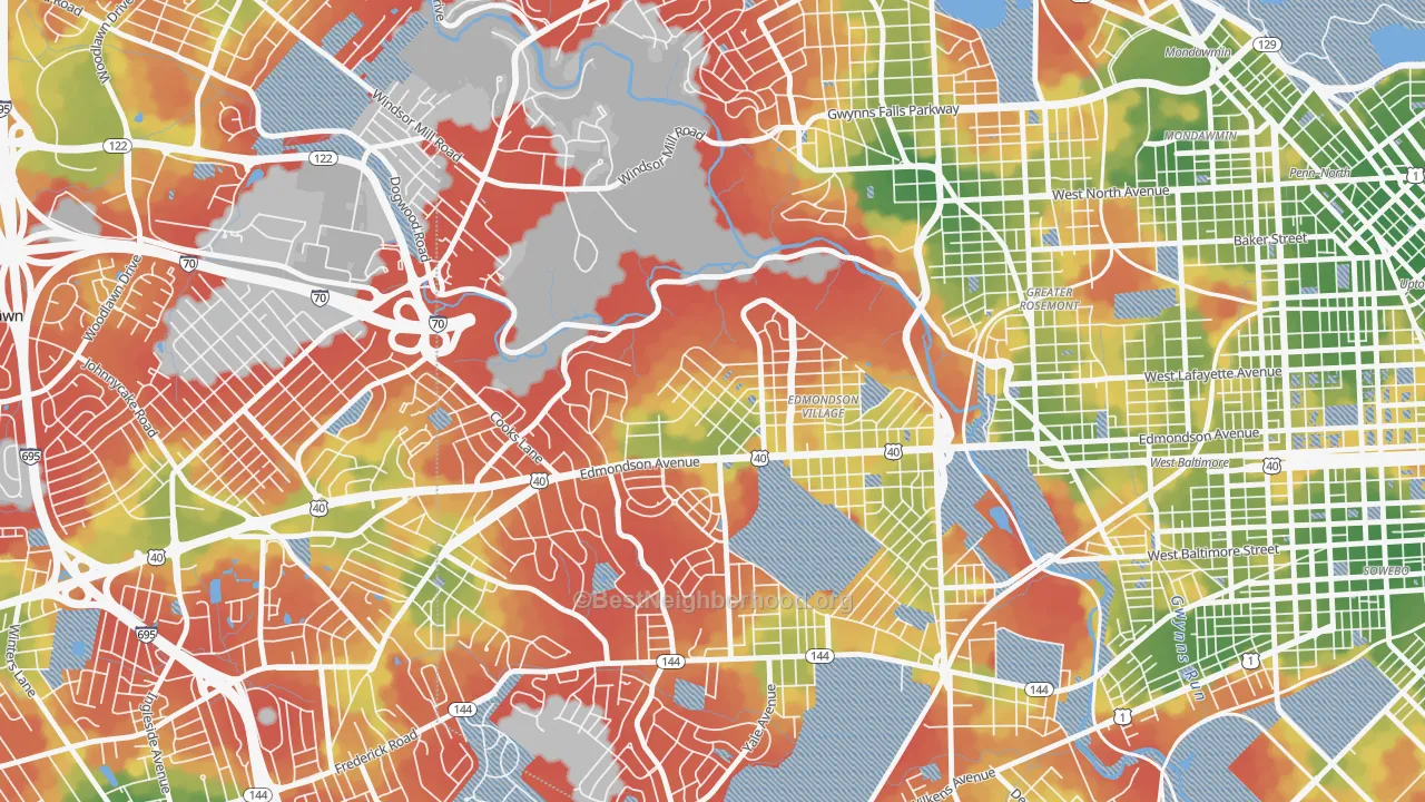 Walk Grade map of Hunting Ridge, Baltimore, MD, walkable areas in green and car-dependent areas in red