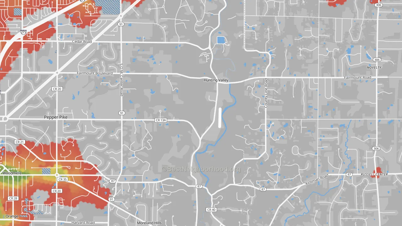 Walk Grade map of Hunting Valley, OH, walkable areas in green and car-dependent areas in red