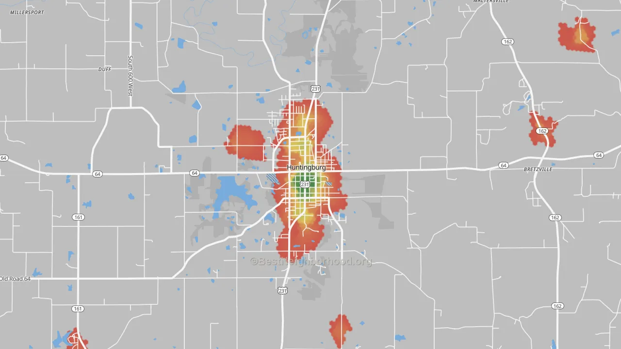 Walk Grade map of Huntingburg, IN, walkable areas in green and car-dependent areas in red