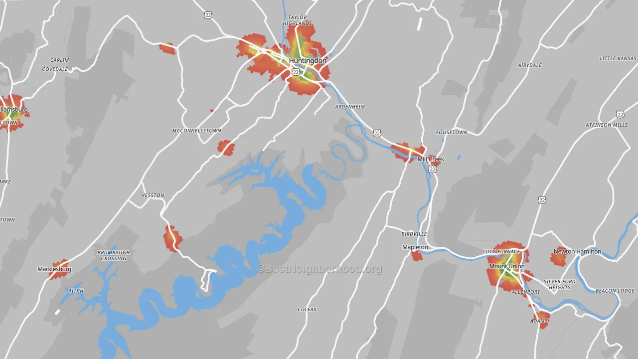 Walk Grade map of Huntingdon County, PA, walkable areas in green and car-dependent areas in red