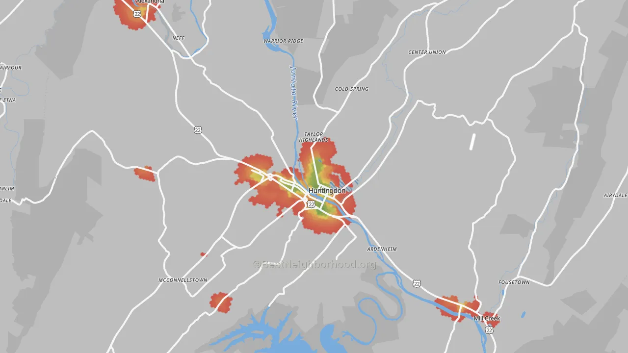 Walk Grade map of Huntingdon, PA, walkable areas in green and car-dependent areas in red