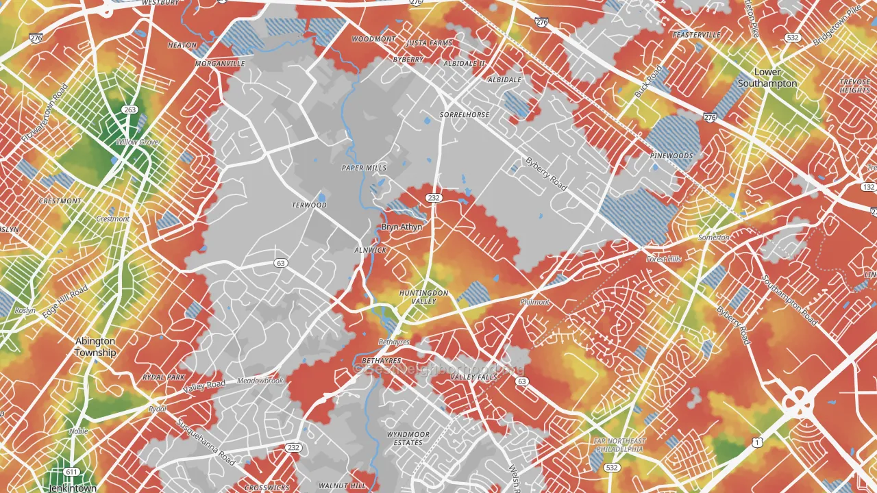 Walk Grade map of Huntingdon Valley, PA, walkable areas in green and car-dependent areas in red