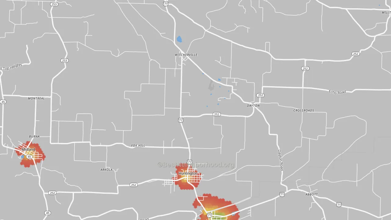 Walk Grade map of Huntington, AR, walkable areas in green and car-dependent areas in red
