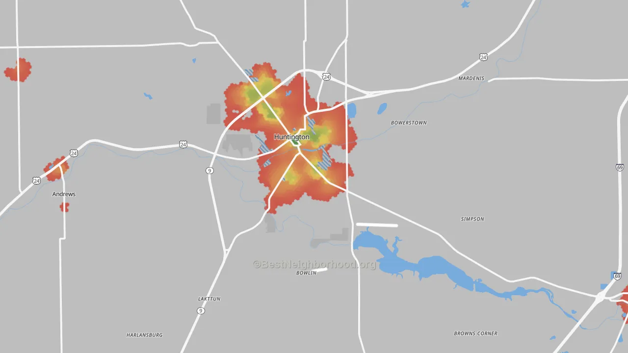 Walk Grade map of Huntington County, IN, walkable areas in green and car-dependent areas in red