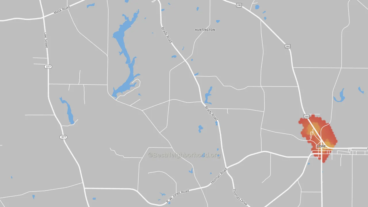 Walk Grade map of Huntington, GA, walkable areas in green and car-dependent areas in red