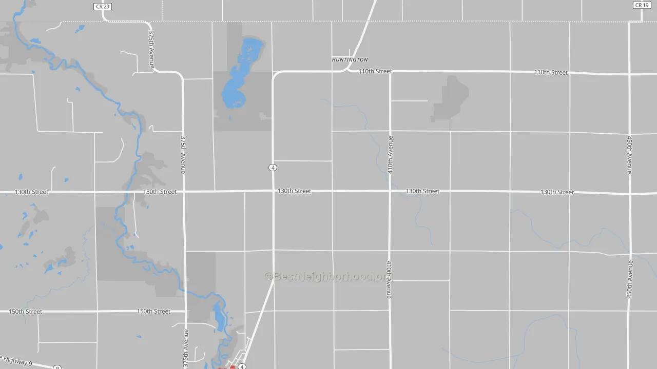 Walk Grade map of Huntington, IA, walkable areas in green and car-dependent areas in red