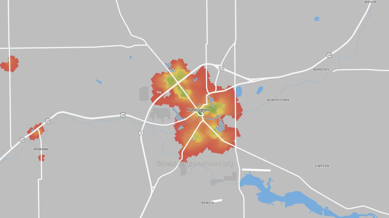 Walk Grade map of Huntington, IN, walkable areas in green and car-dependent areas in red