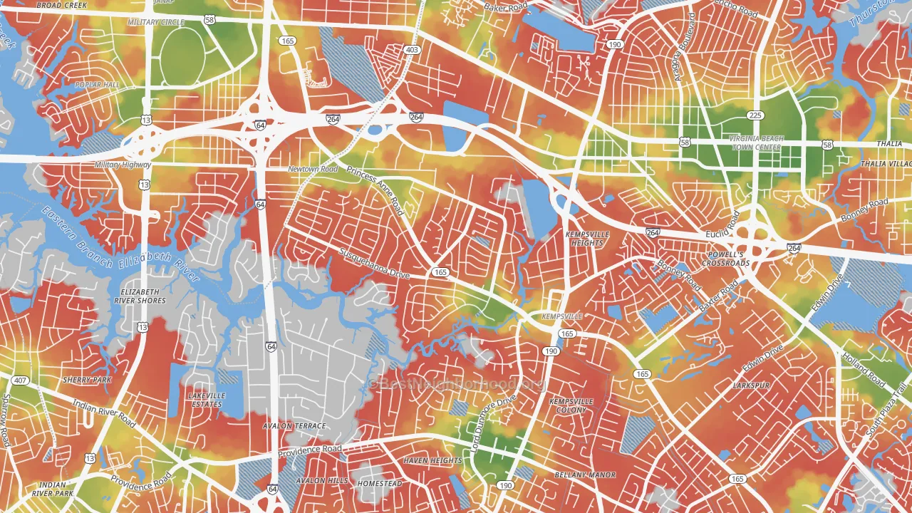 Walk Grade map of Huntington-Jefferson, Virginia Beach, VA, walkable areas in green and car-dependent areas in red