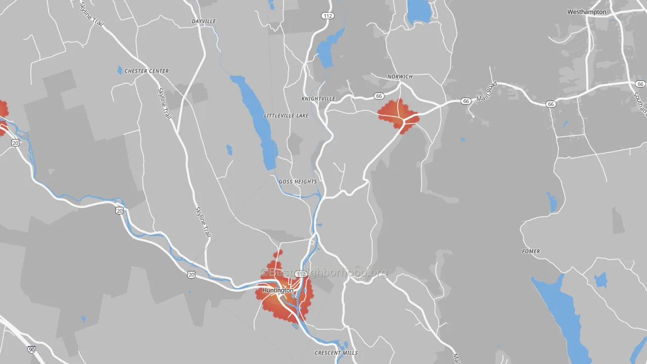 Walk Grade map of Huntington, MA, walkable areas in green and car-dependent areas in red