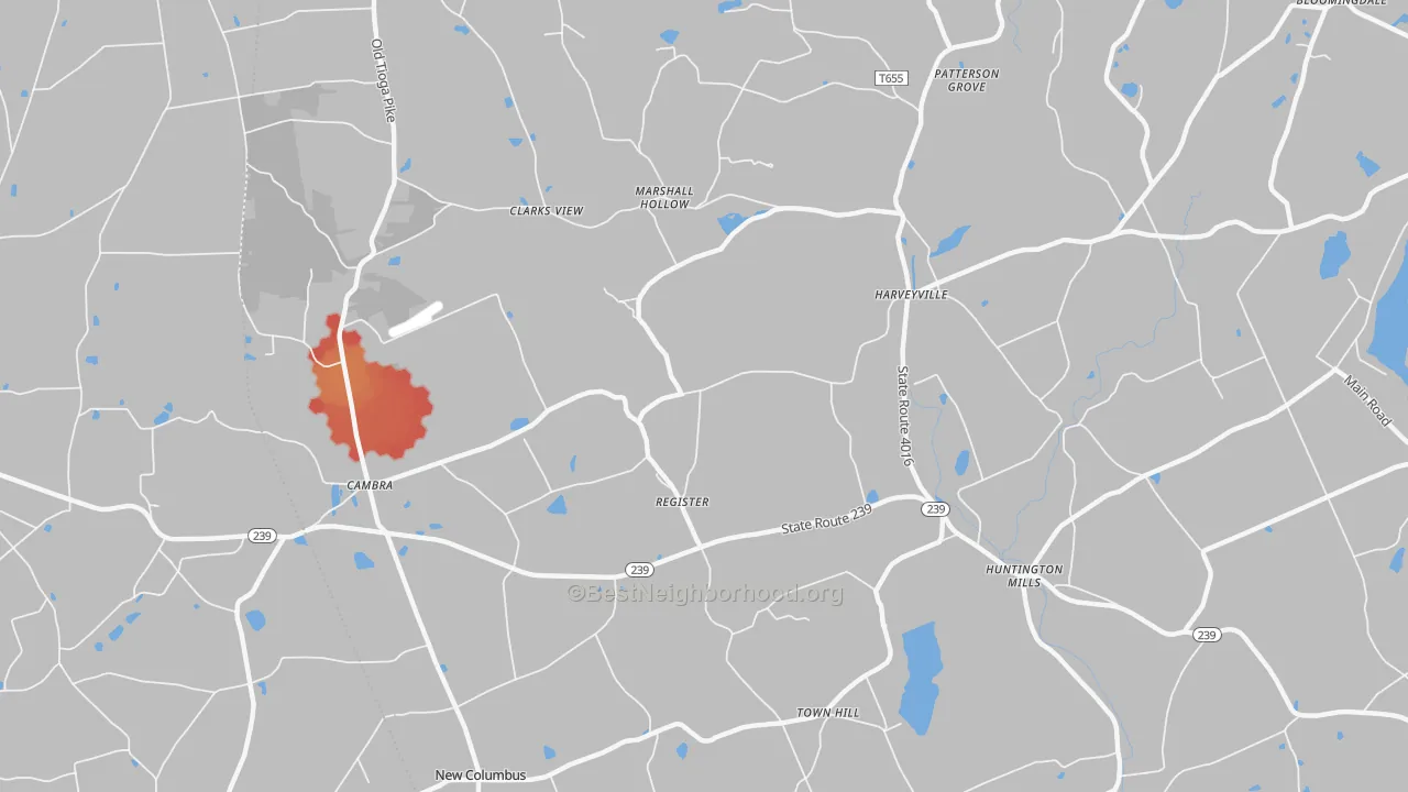 Walk Grade map of Huntington Mills, PA, walkable areas in green and car-dependent areas in red