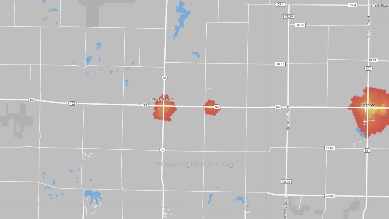 Walk Grade map of Huntington, OH, walkable areas in green and car-dependent areas in red