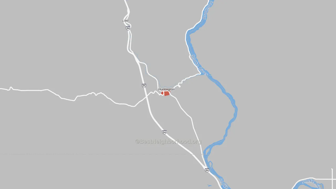 Walk Grade map of Huntington, OR, walkable areas in green and car-dependent areas in red