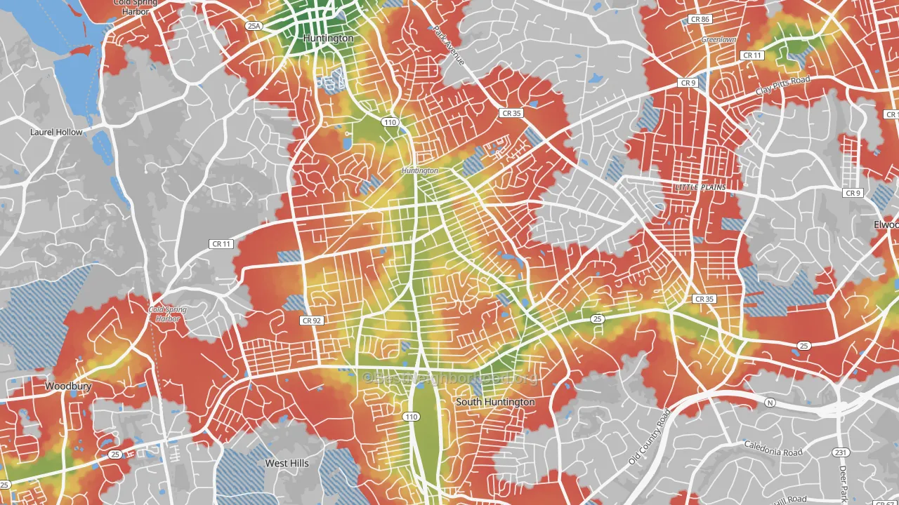 Walk Grade map of Huntington Station, NY, walkable areas in green and car-dependent areas in red