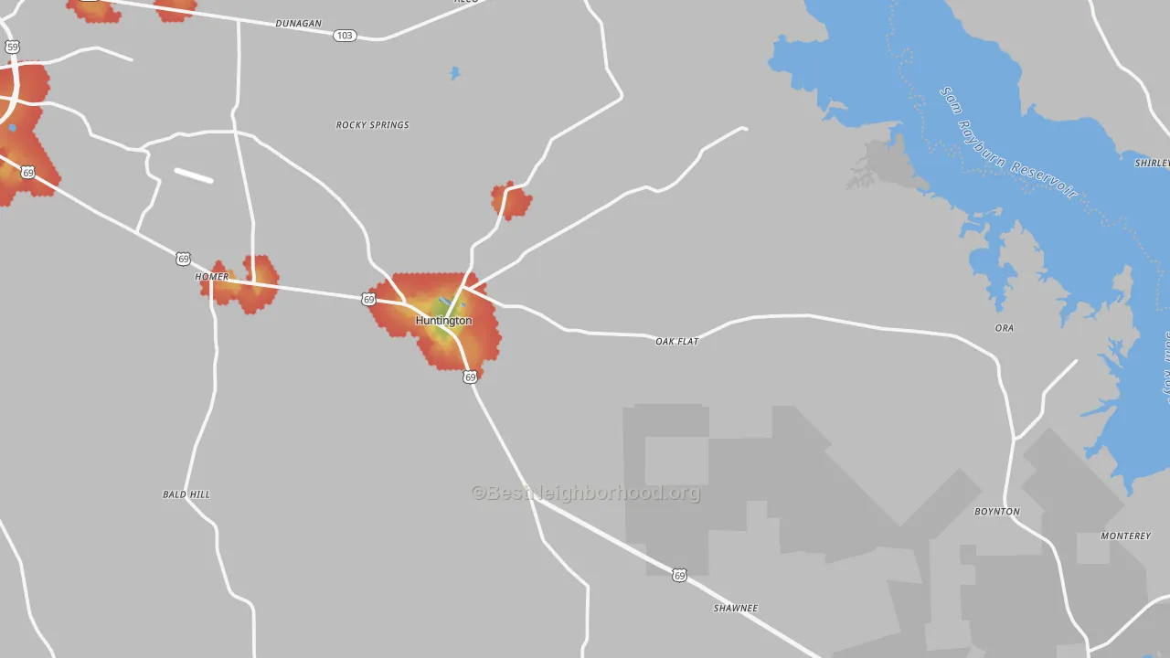 Walk Grade map of Huntington, TX, walkable areas in green and car-dependent areas in red