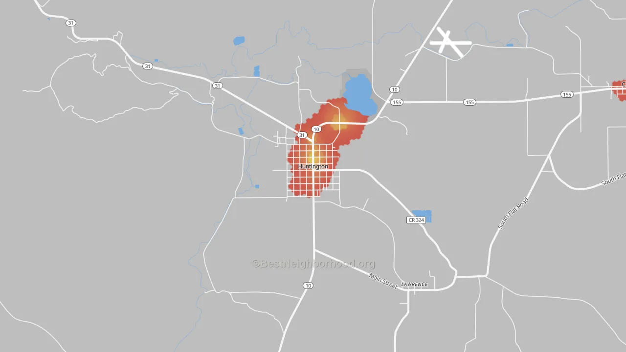 Walk Grade map of Huntington, UT, walkable areas in green and car-dependent areas in red