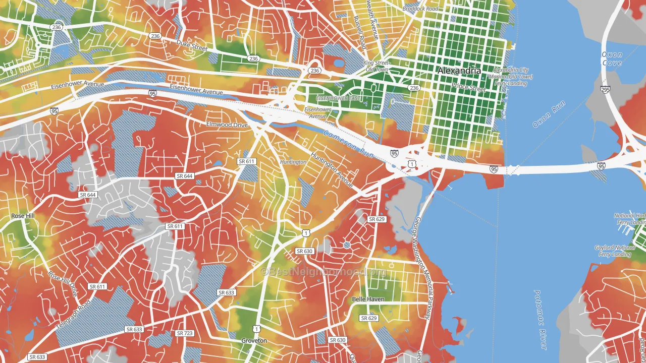 Walk Grade map of Huntington, VA, walkable areas in green and car-dependent areas in red