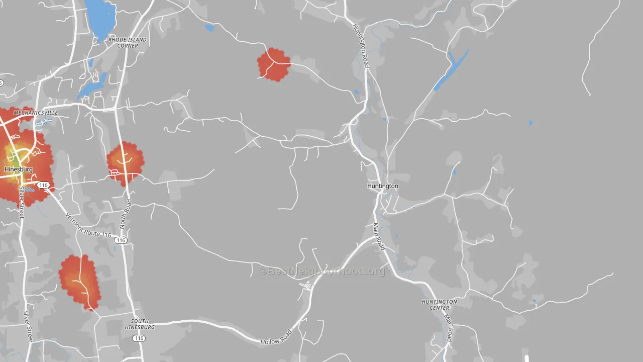 Walk Grade map of Huntington, VT, walkable areas in green and car-dependent areas in red