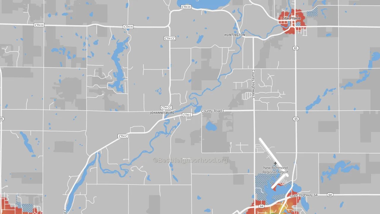 Walk Grade map of Huntington, WI, walkable areas in green and car-dependent areas in red
