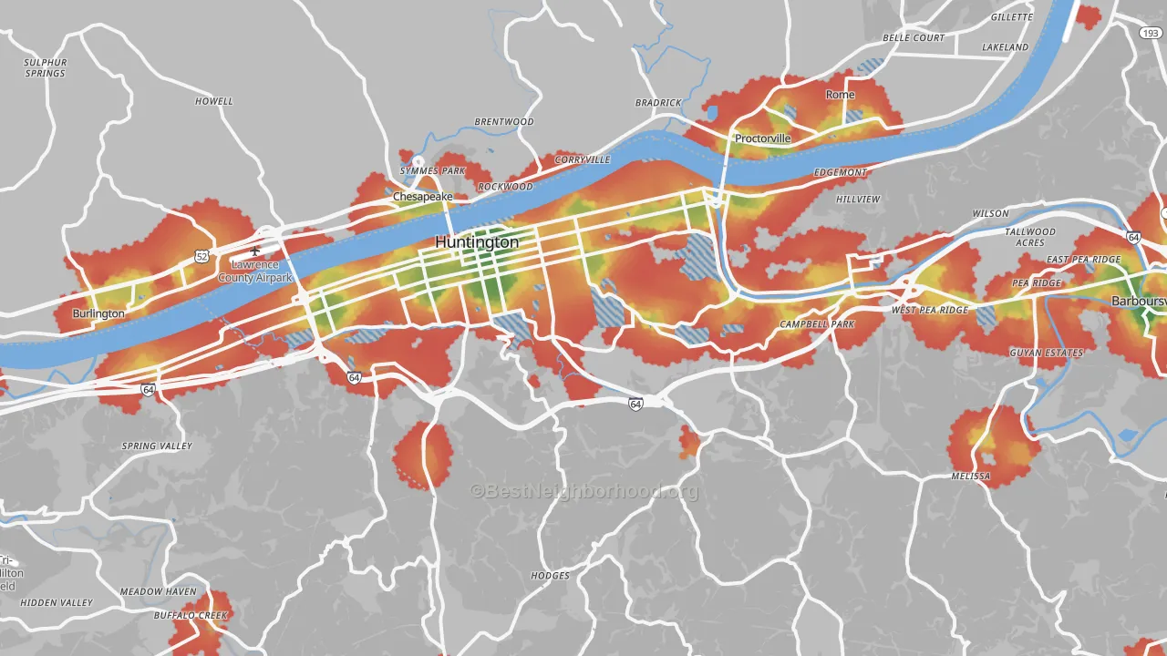Walk Grade map of Huntington, WV, walkable areas in green and car-dependent areas in red