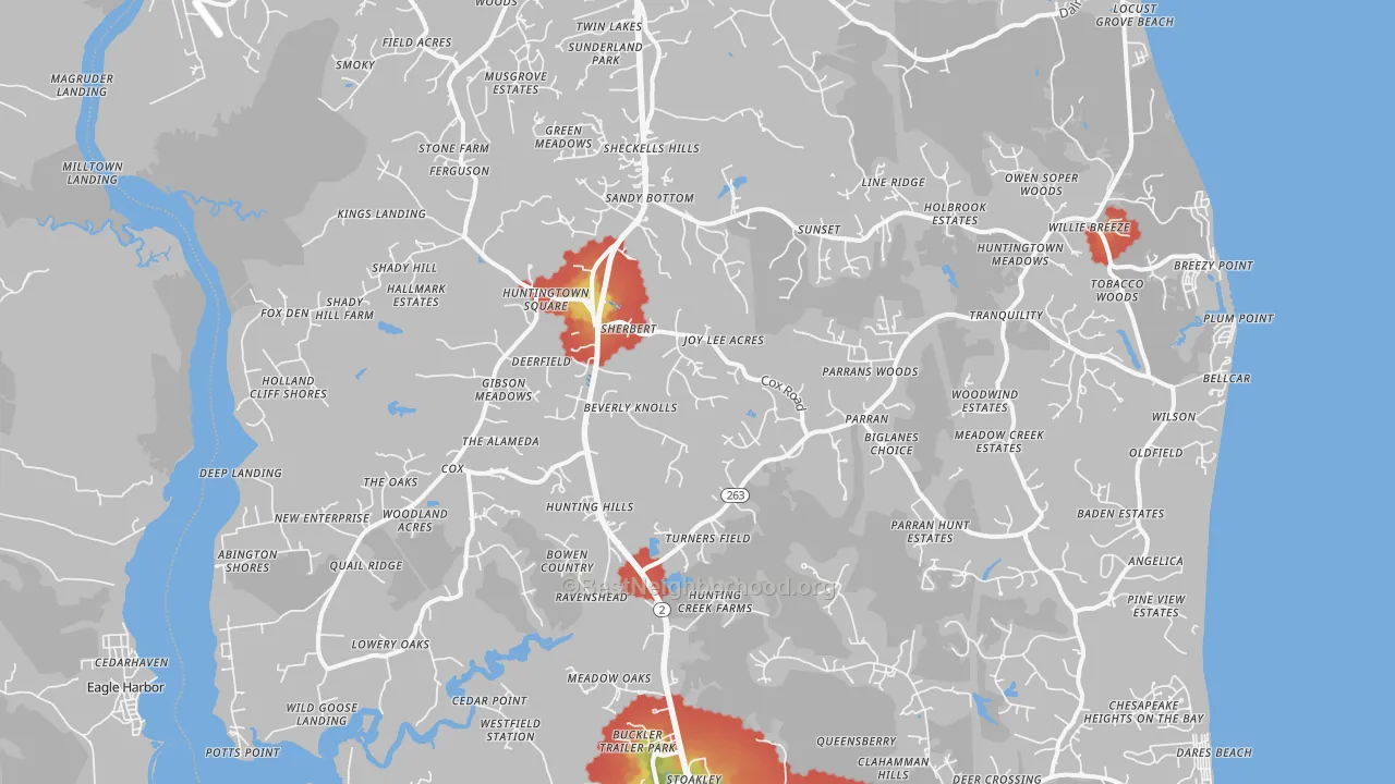 Walk Grade map of Huntingtown, MD, walkable areas in green and car-dependent areas in red