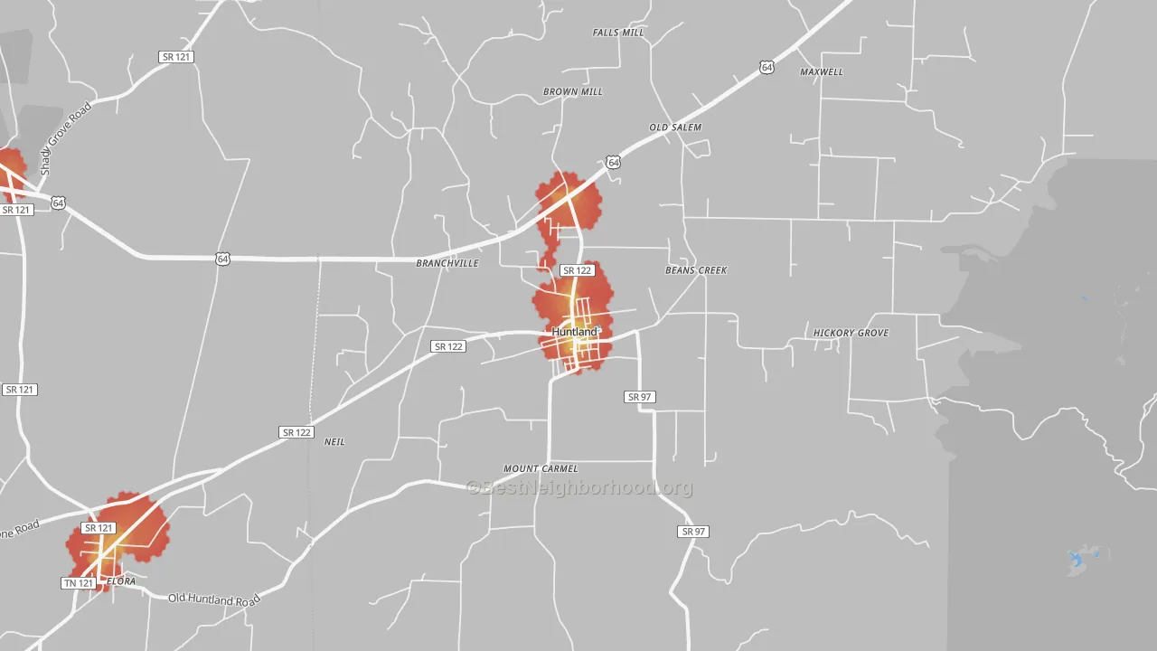 Walk Grade map of Huntland, TN, walkable areas in green and car-dependent areas in red