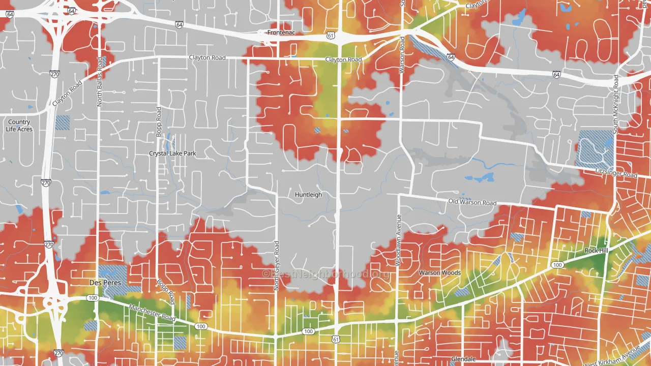 Walk Grade map of Huntleigh, MO, walkable areas in green and car-dependent areas in red