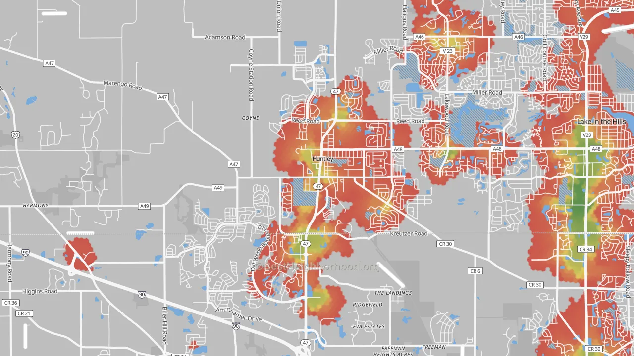 Walk Grade map of Huntley, IL, walkable areas in green and car-dependent areas in red