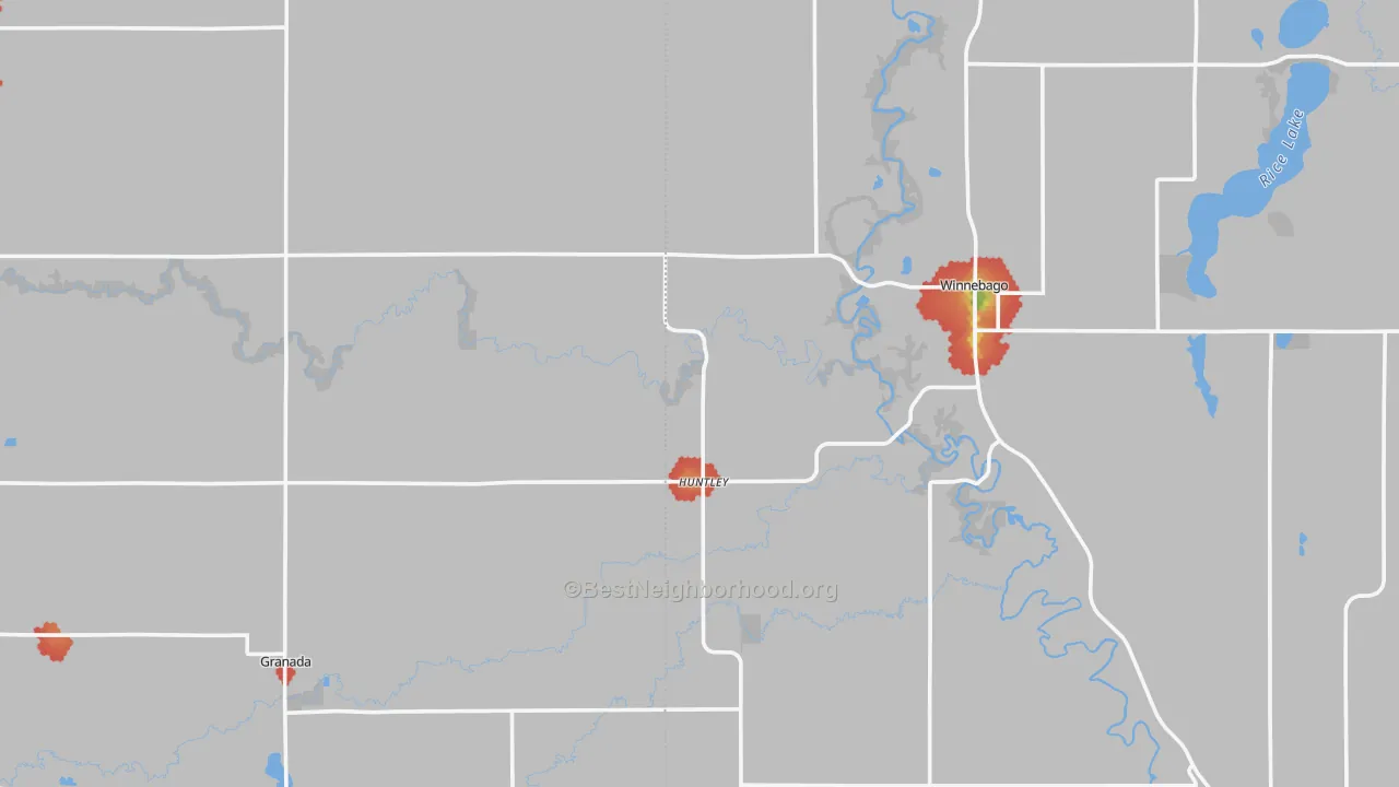 Walk Grade map of Huntley, MN, walkable areas in green and car-dependent areas in red