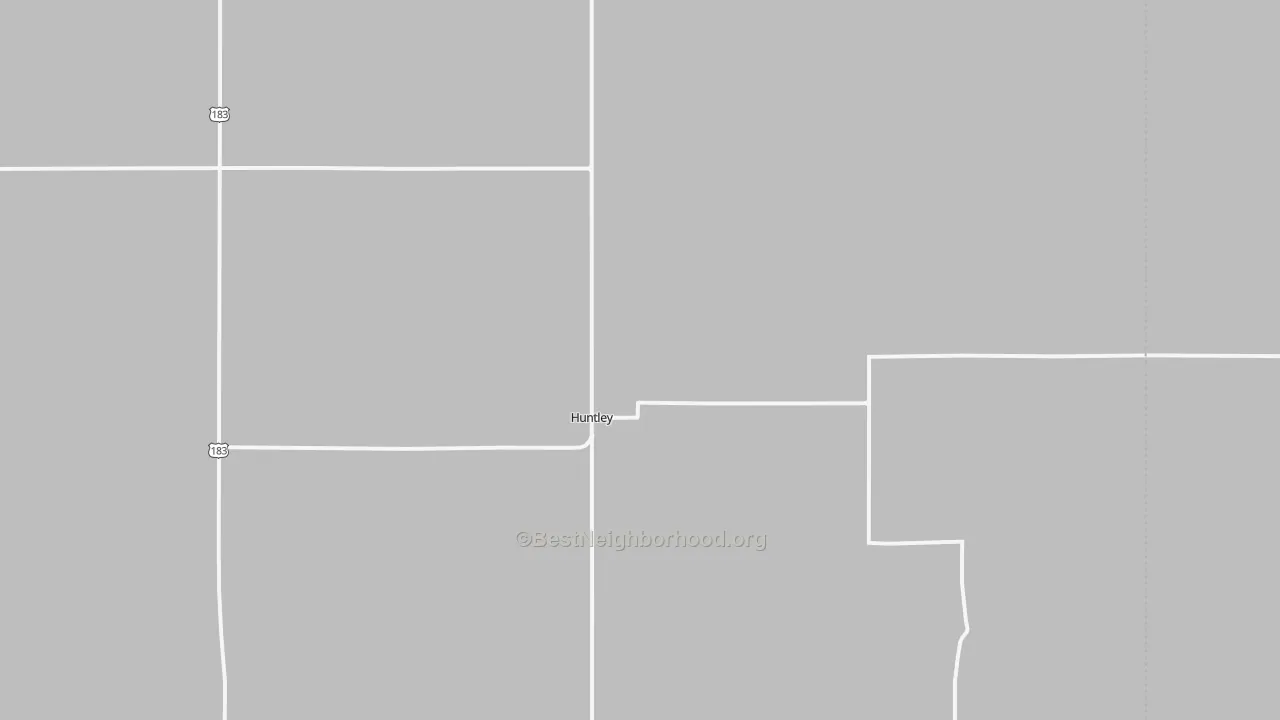 Walk Grade map of Huntley, NE, walkable areas in green and car-dependent areas in red