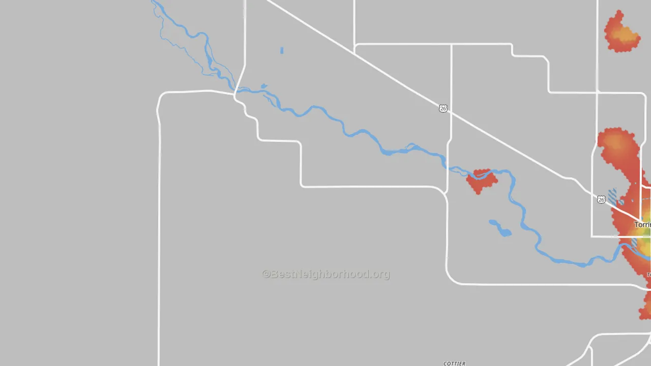 Walk Grade map of Huntley, WY, walkable areas in green and car-dependent areas in red