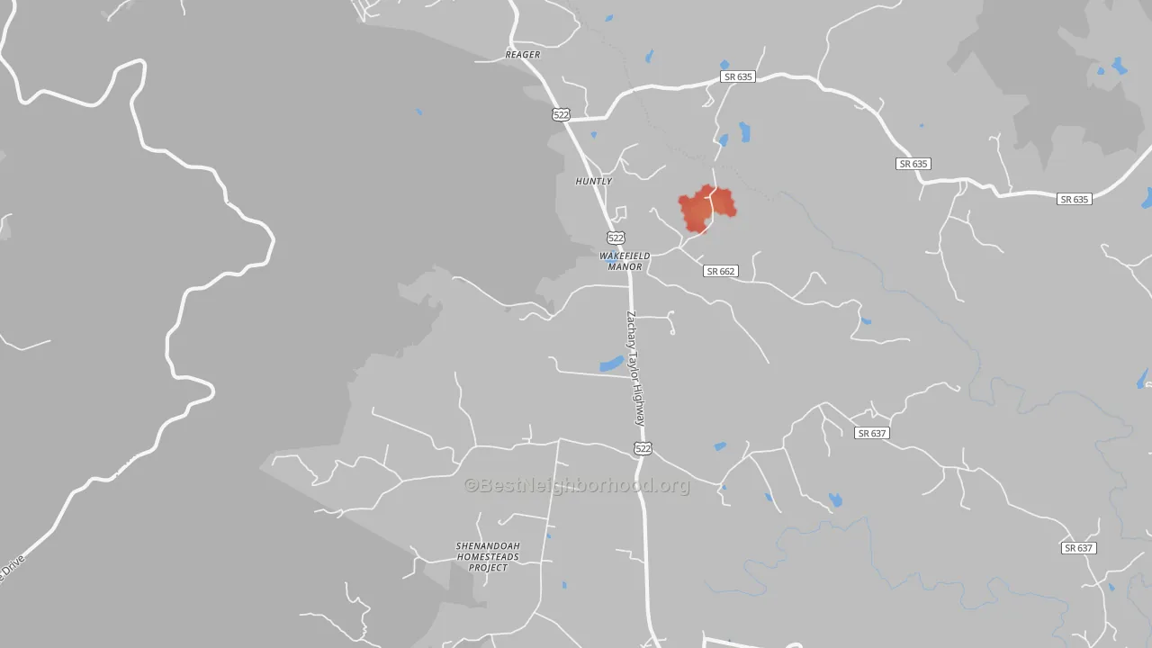 Walk Grade map of Huntly, VA, walkable areas in green and car-dependent areas in red