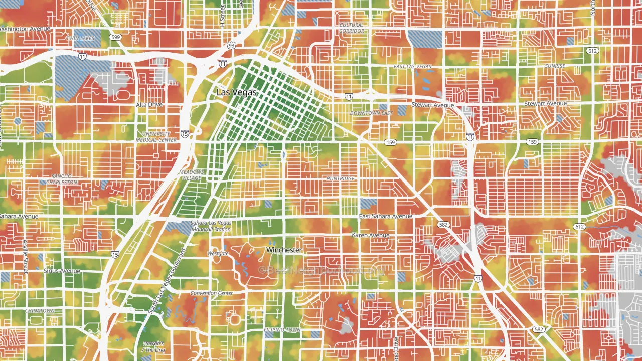 Walk Grade map of Huntridge, Las Vegas, NV, walkable areas in green and car-dependent areas in red