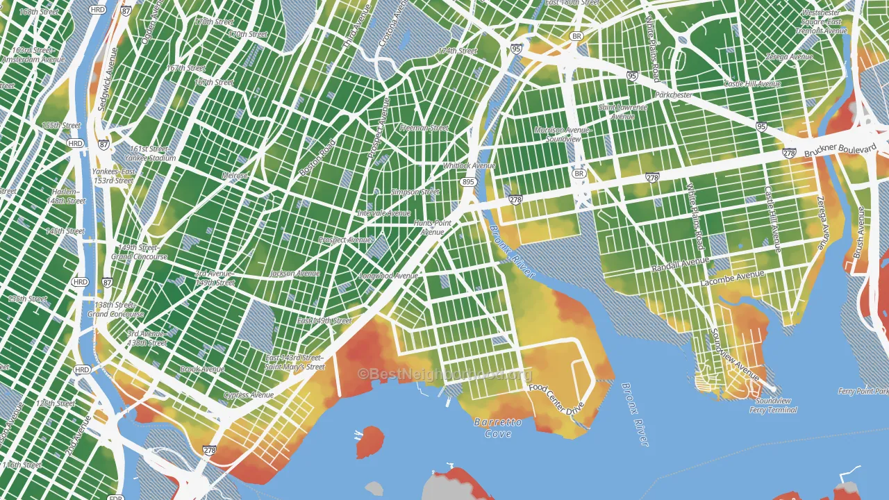 Walk Grade map of Hunts Point, Bronx, NY, walkable areas in green and car-dependent areas in red