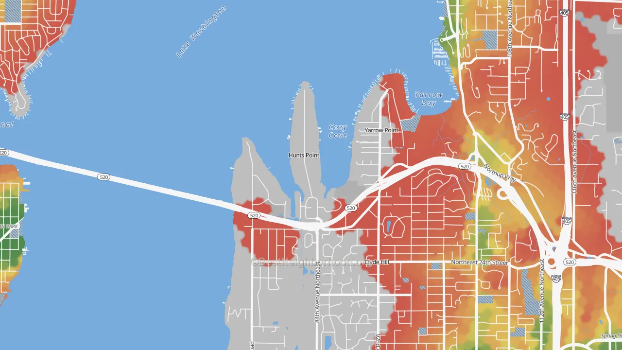 Walk Grade map of Hunts Point, WA, walkable areas in green and car-dependent areas in red