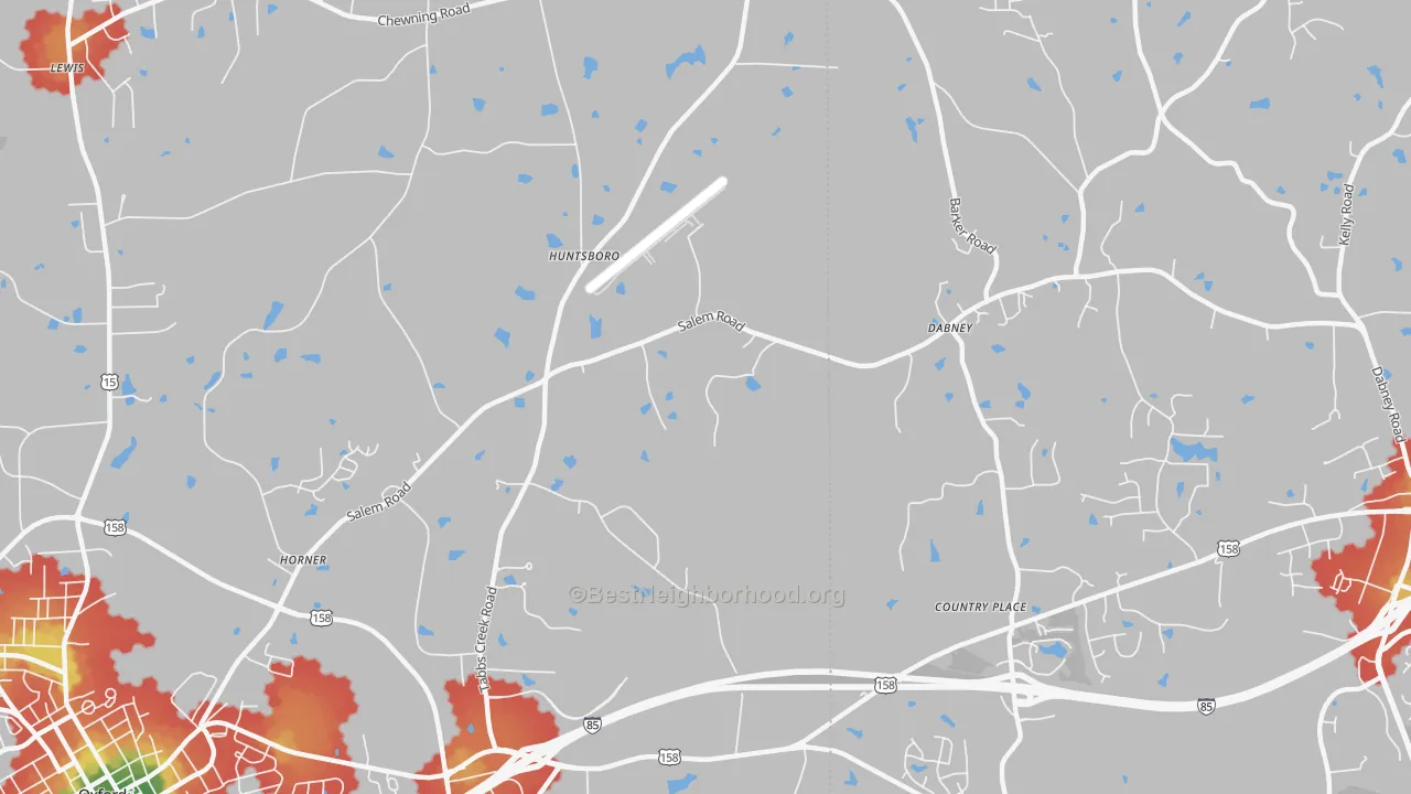 Walk Grade map of Huntsboro, NC, walkable areas in green and car-dependent areas in red